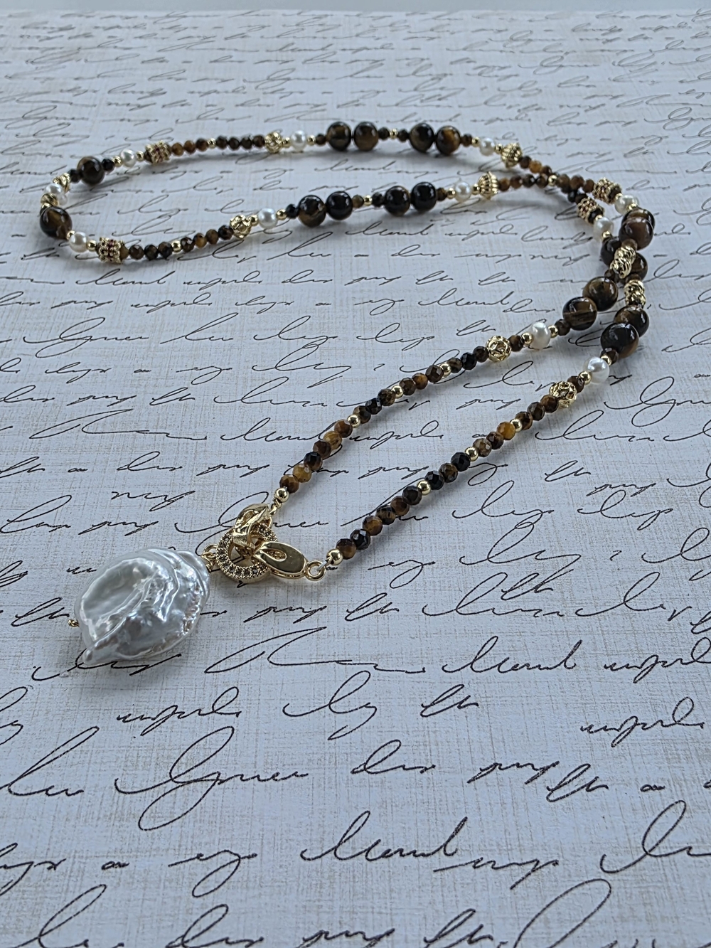 Gold and Brown Tigereye Beaded Necklace with White Baroque Pearl Pendant